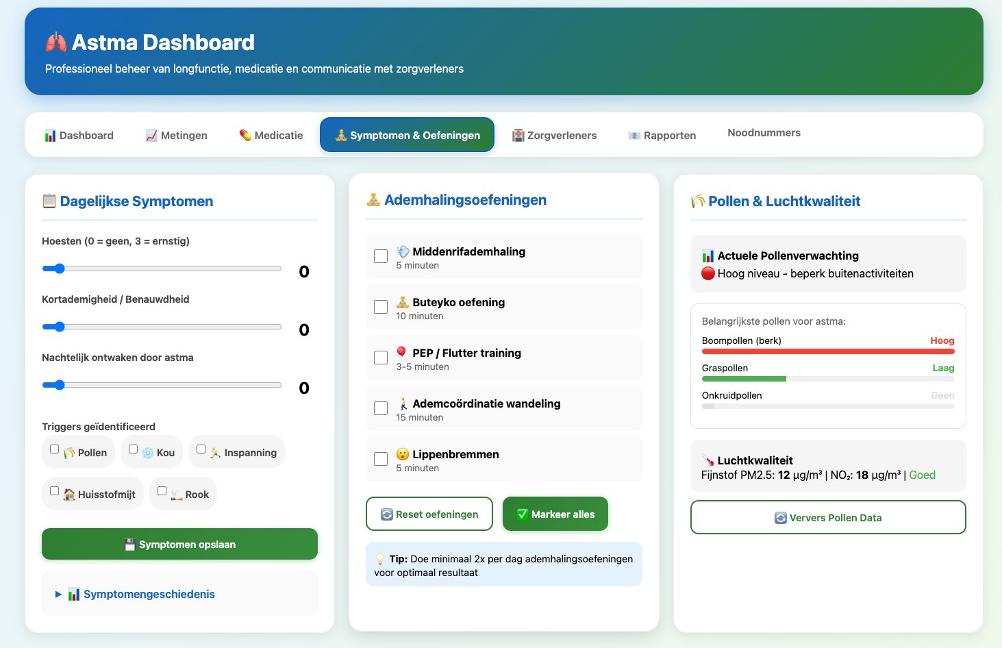 Scherm met symptomen en
oefeningen